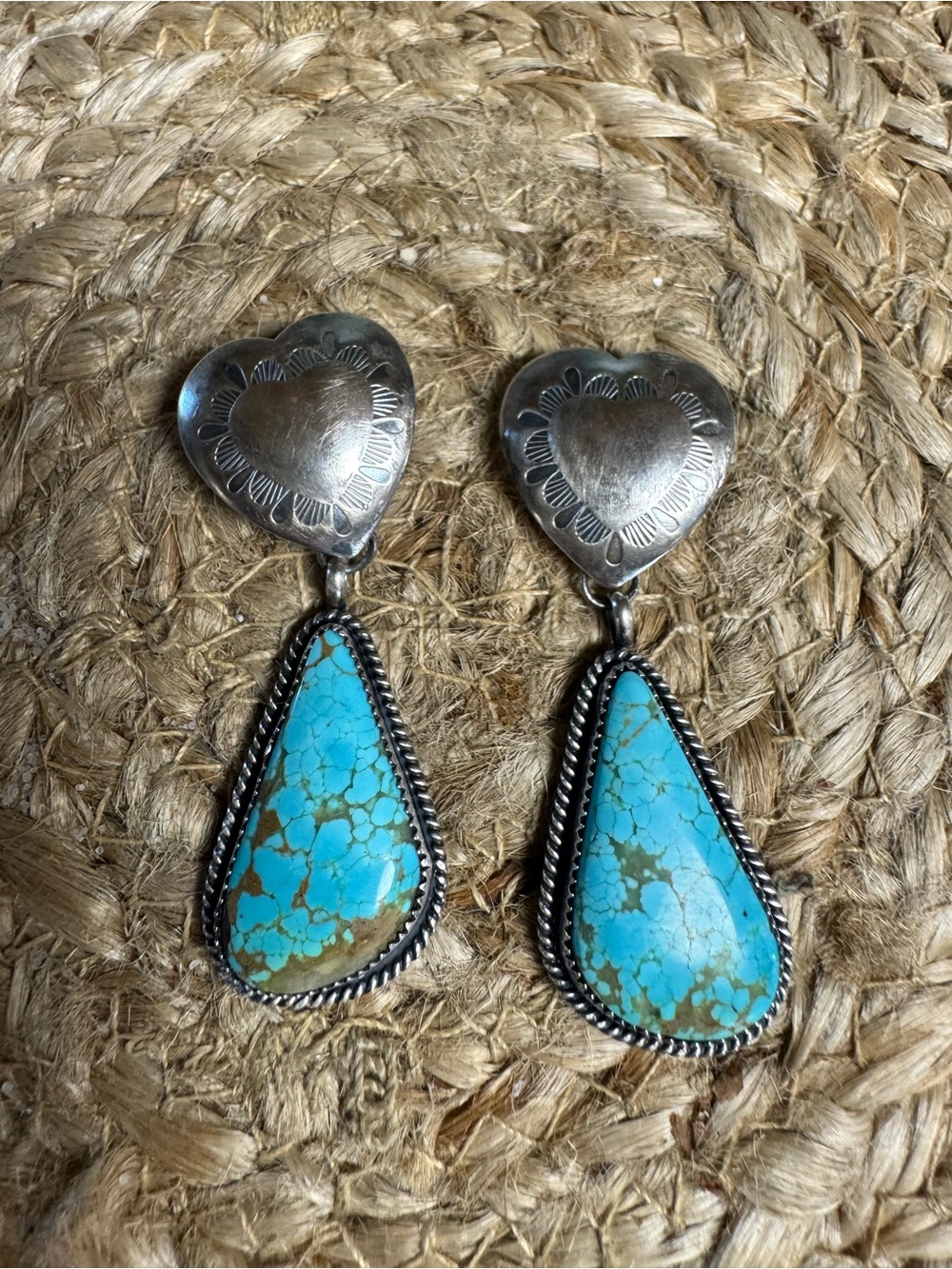 Custom Sterling Silver Heart Top Turquoise Teardrop Earrings